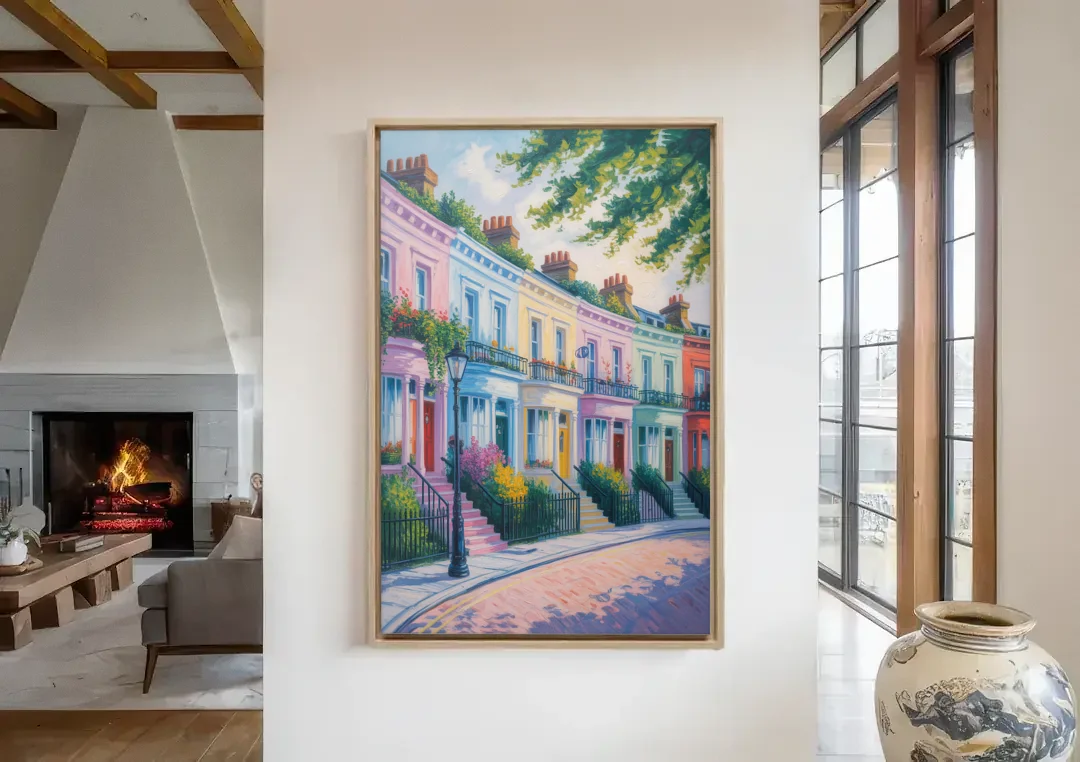 Notting Hill Colors canvas wall art in a living room with a fireplace
