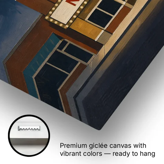 Now Showing Small Town Movie Theater at Dusk - Canvas Wall Art - Gallery Wrap Corner