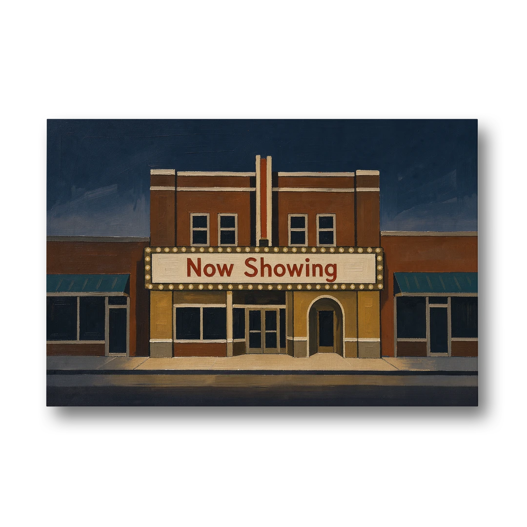 Now Showing Small Town Movie Theater at Dusk - Canvas Wall Art - Front