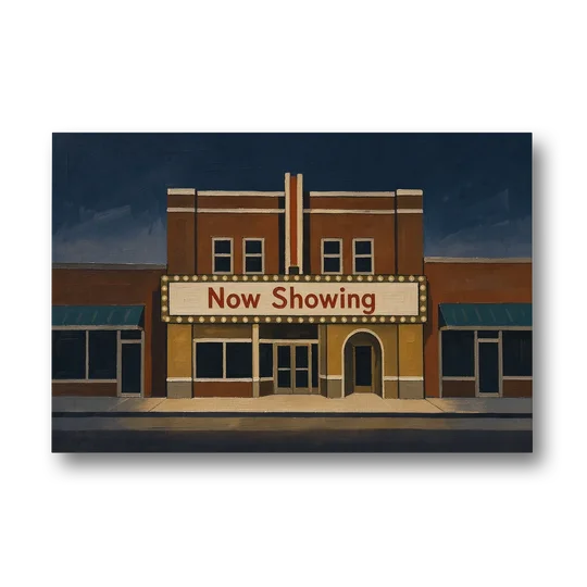 Now Showing Small Town Movie Theater at Dusk - Canvas Wall Art - Front