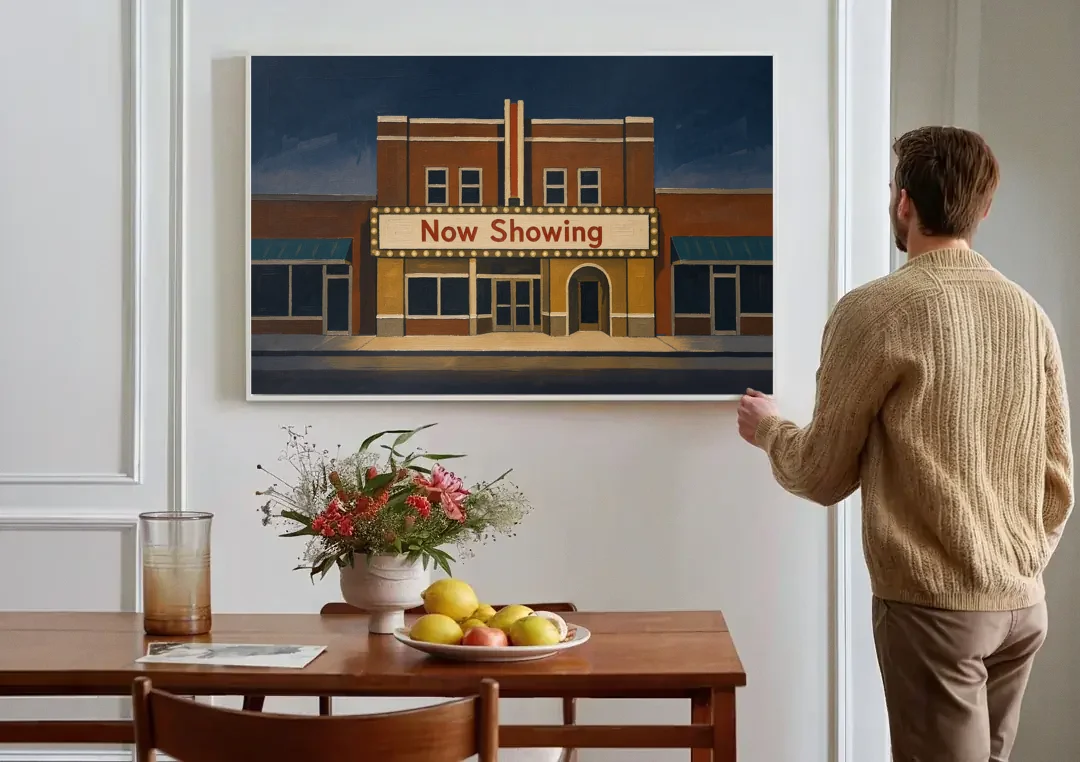 Now Showing Small Town Movie Theater at Dusk canvas wall art above a dining table