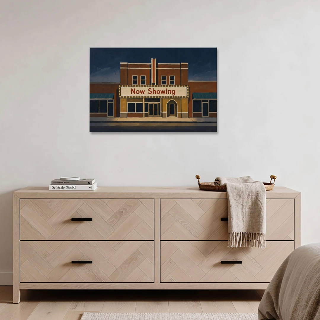 Now Showing Small Town Movie Theater at Dusk - Canvas Wall Art - Coffee Table - 36x24