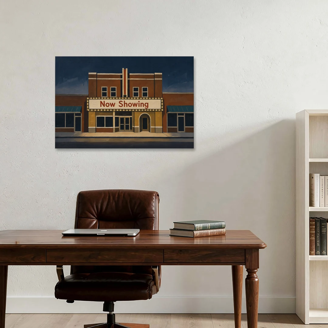 Now Showing Small Town Movie Theater at Dusk - Canvas Wall Art - Office - 36x24