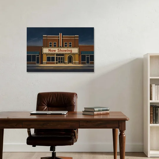 Now Showing Small Town Movie Theater at Dusk - Canvas Wall Art - Office - 36x24