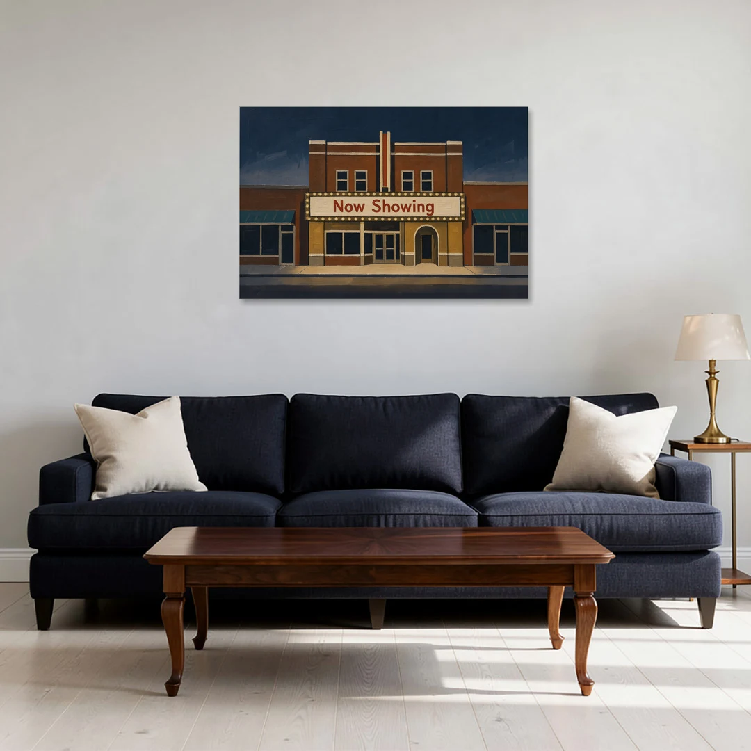 Now Showing Small Town Movie Theater at Dusk - Canvas Wall Art - Sofa - 36x24