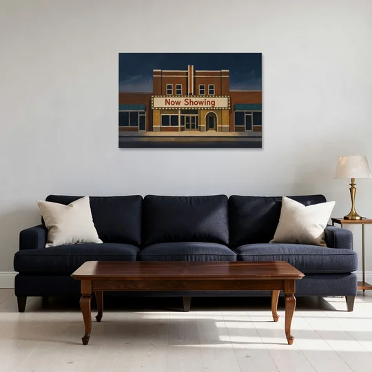 Now Showing Small Town Movie Theater at Dusk - Canvas Wall Art - Sofa - 36x24