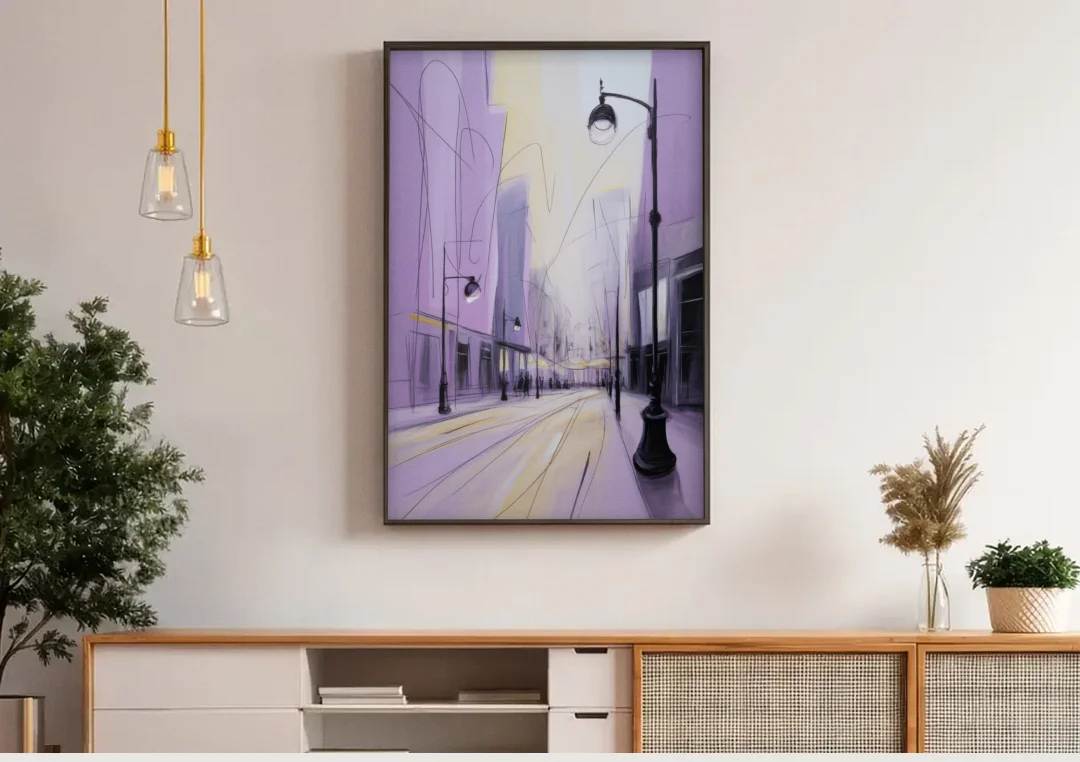 Nowy Swiat Stroll canvas wall art above a wooden sideboard under pendant lights