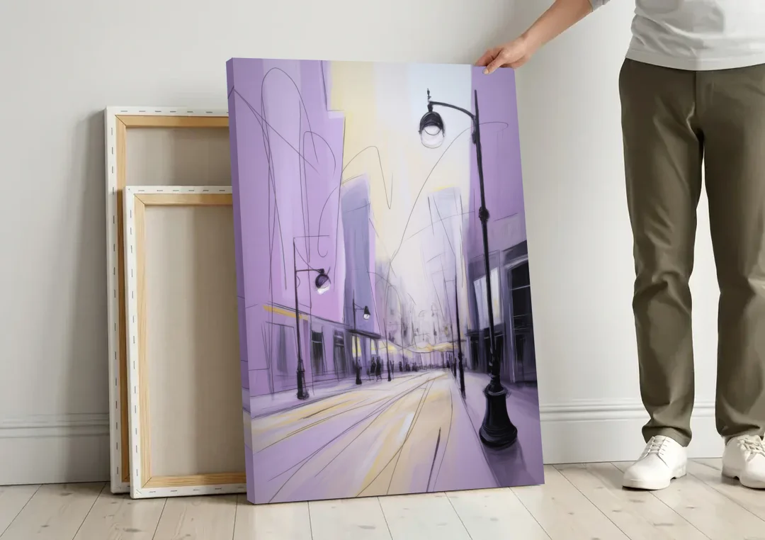 Nowy Swiat Stroll canvas wall art leaning against a wall next to blank canvases