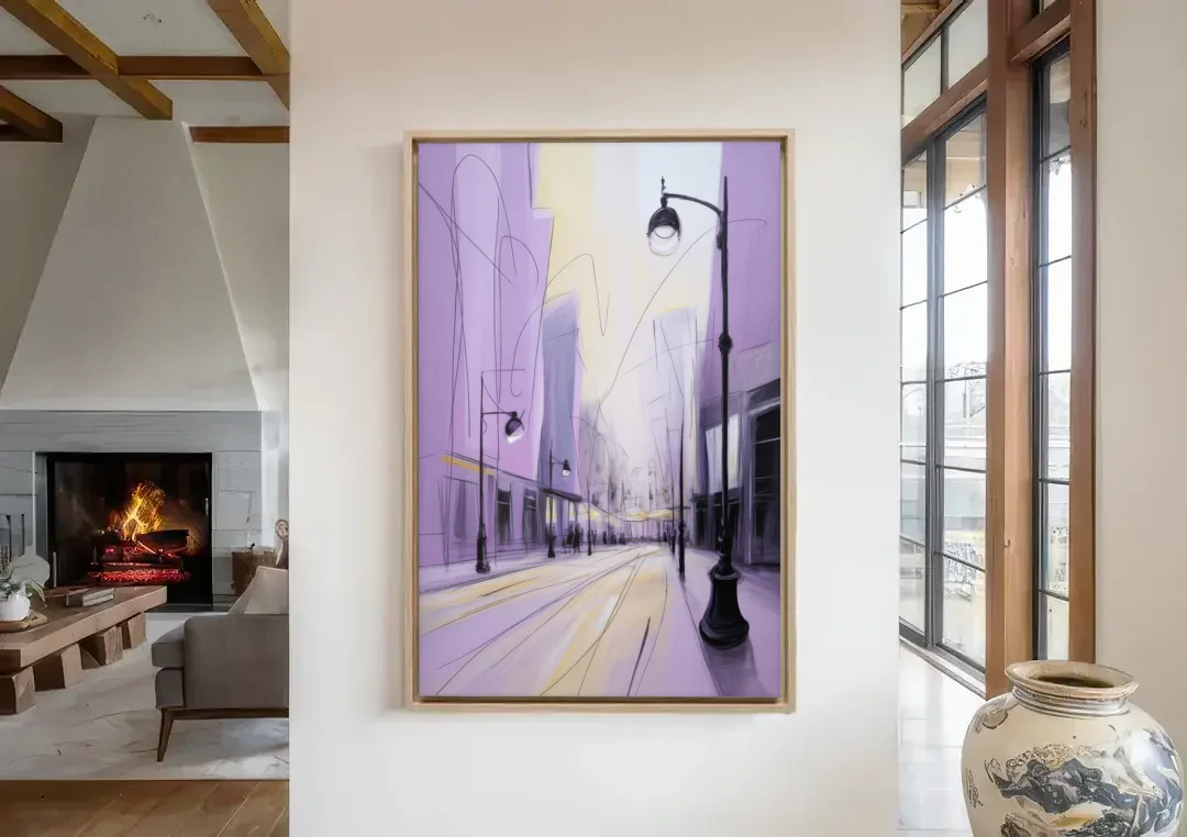 Nowy Swiat Stroll canvas wall art in a living room with a fireplace