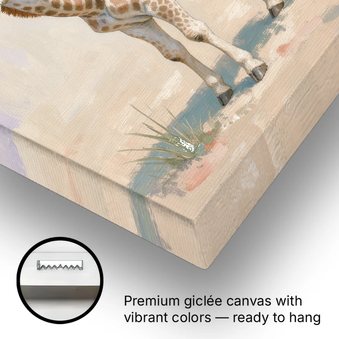 Nursery Animal Giraffe Mother Bending to Her Calf - Canvas Wall Art - Gallery Wrap Corner