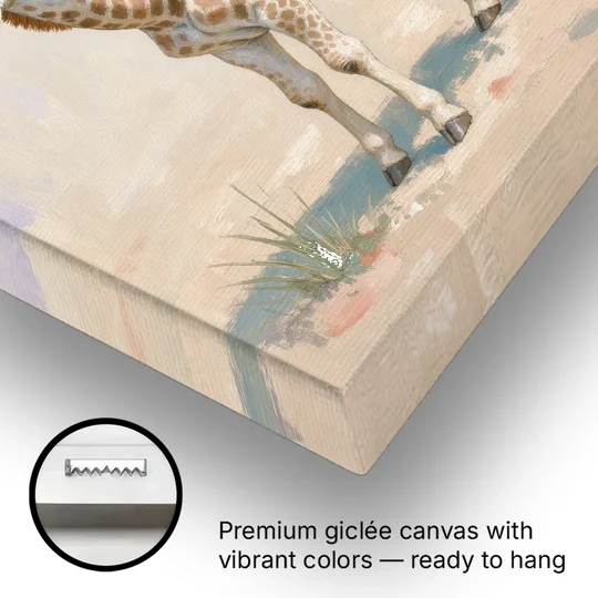 Nursery Animal Giraffe Mother Bending to Her Calf - Canvas Wall Art - Gallery Wrap Corner