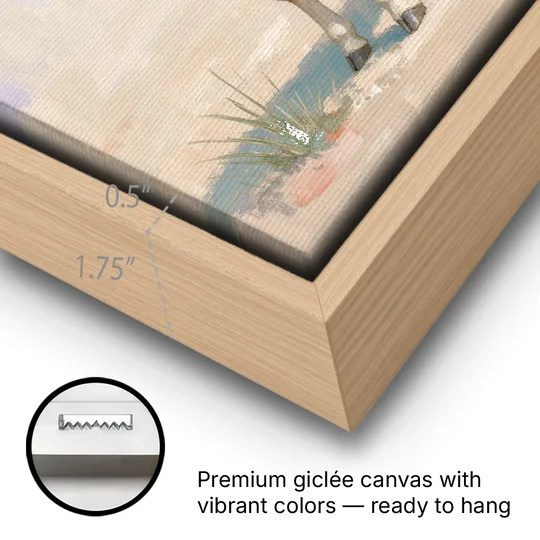 Nursery Animal Giraffe Mother Bending to Her Calf - Oak Framed Canvas Wall Art - Gallery Wrap Corner