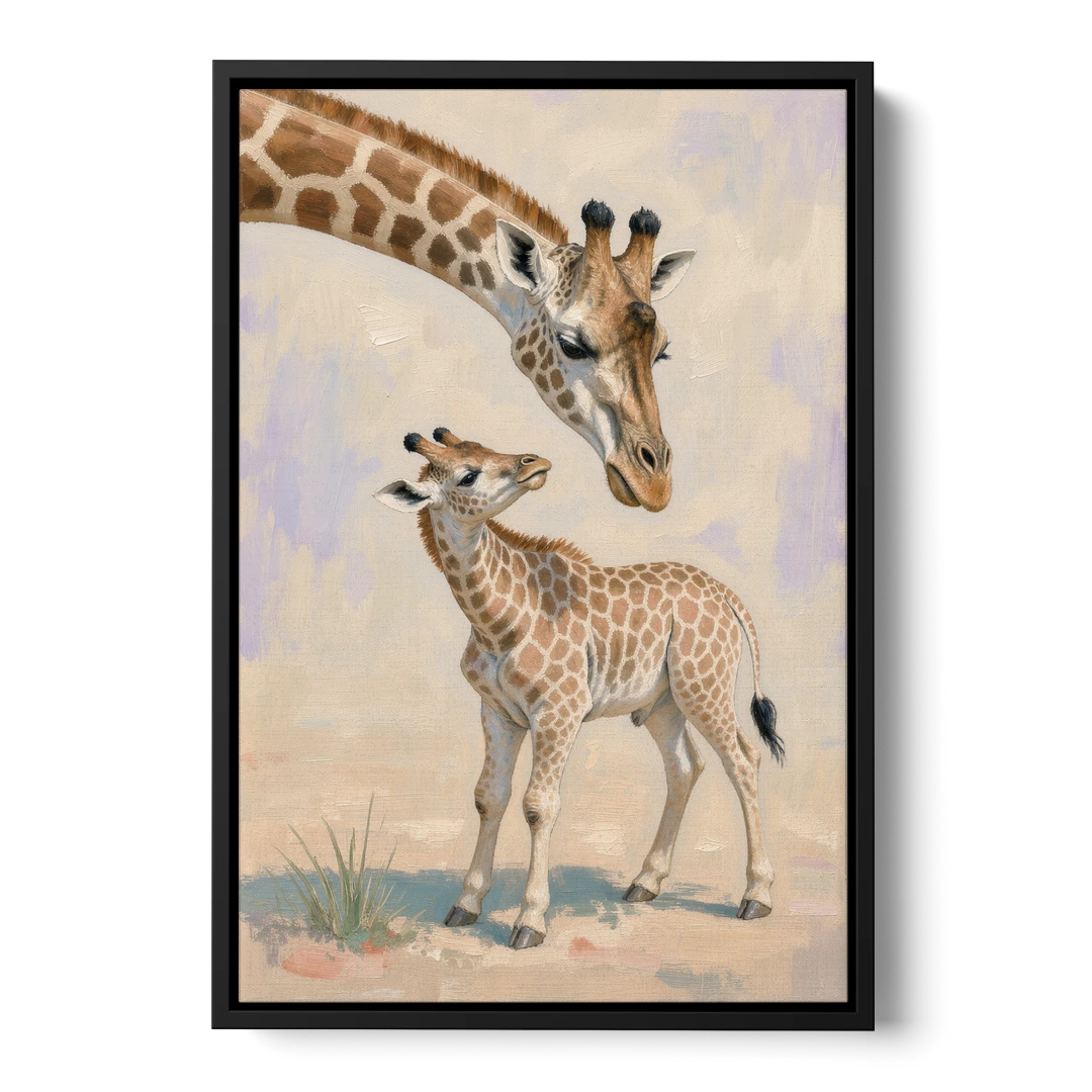 Nursery Animal Giraffe Mother Bending to Her Calf - Black Framed Canvas Wall Art - Front