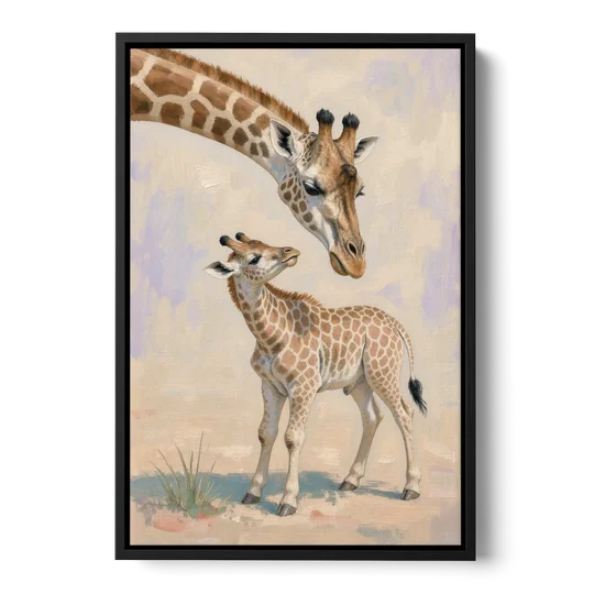 Nursery Animal Giraffe Mother Bending to Her Calf - Black Framed Canvas Wall Art - Front