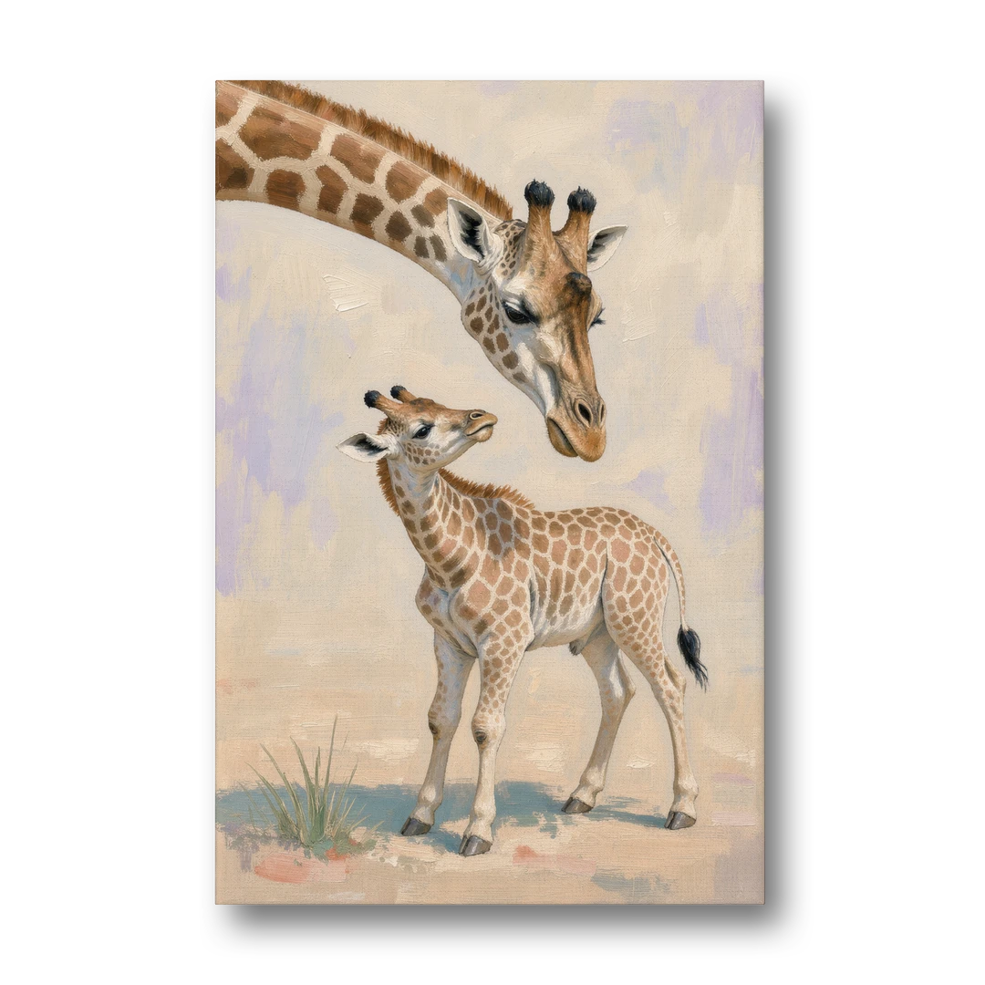 Nursery Animal Giraffe Mother Bending to Her Calf - Canvas Wall Art - Front