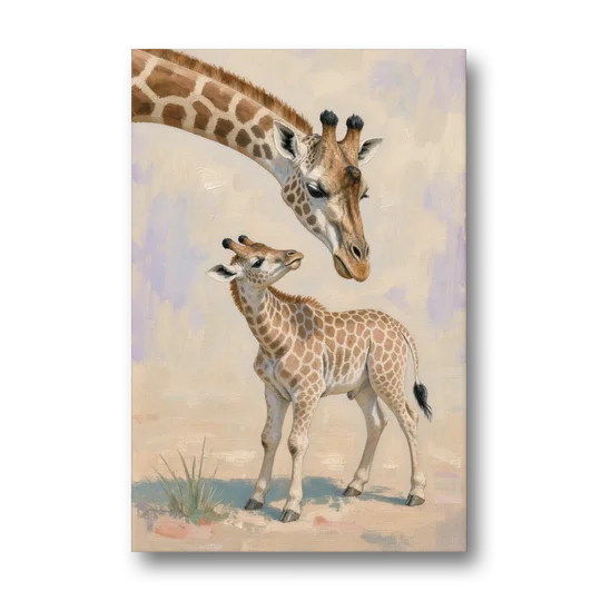 Nursery Animal Giraffe Mother Bending to Her Calf - Canvas Wall Art - Front