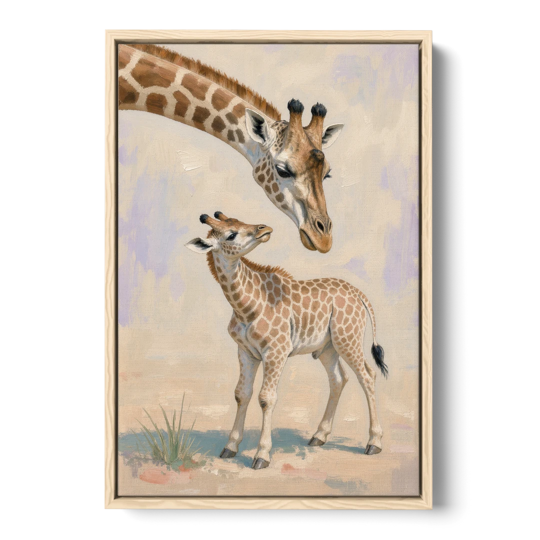 Nursery Animal Giraffe Mother Bending to Her Calf - Oak Framed Canvas Wall Art - Front