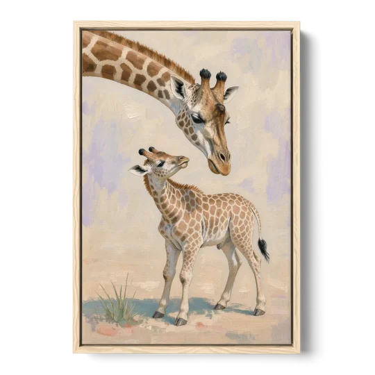 Nursery Animal Giraffe Mother Bending to Her Calf - Oak Framed Canvas Wall Art - Front