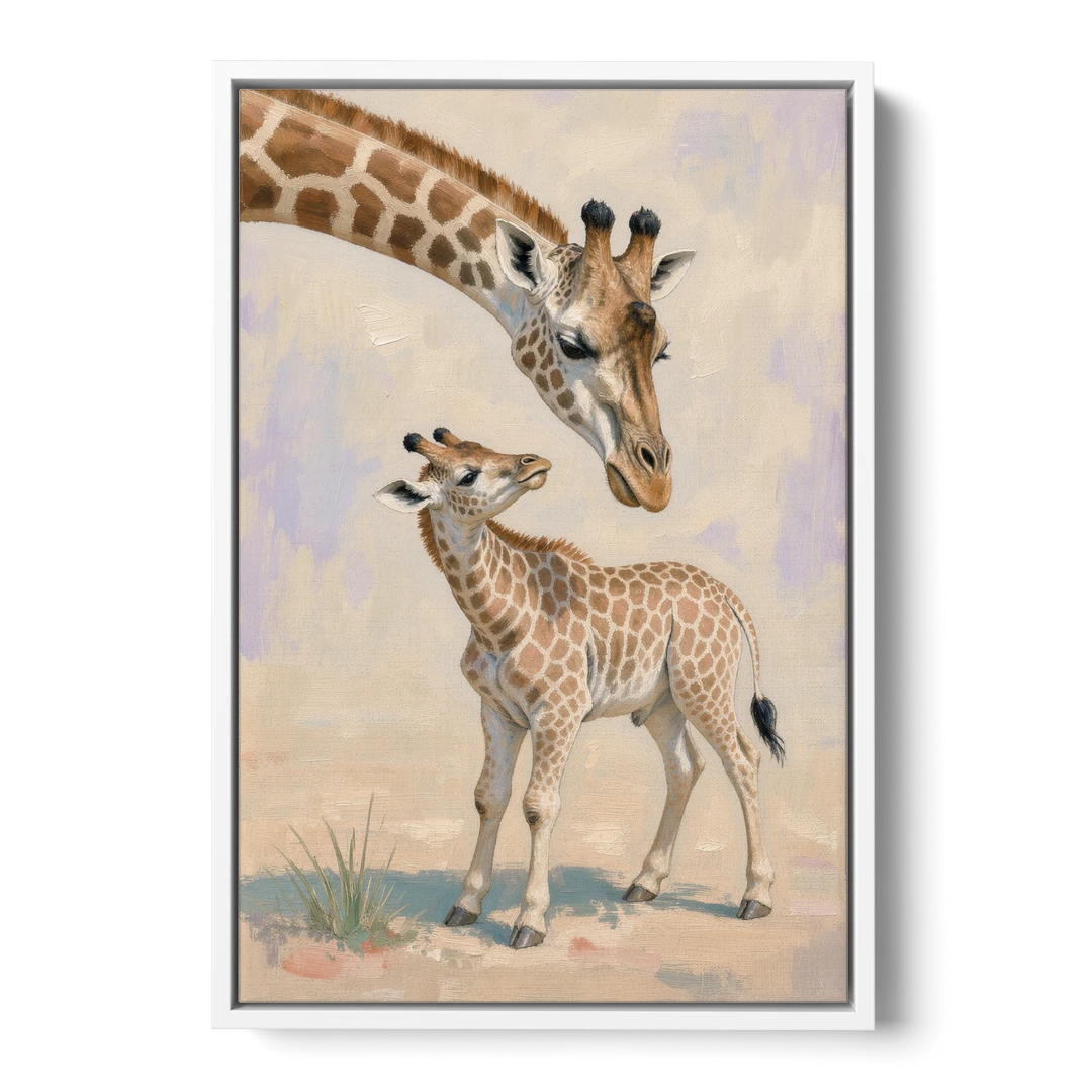 Nursery Animal Giraffe Mother Bending to Her Calf - White Framed Canvas Wall Art - Front
