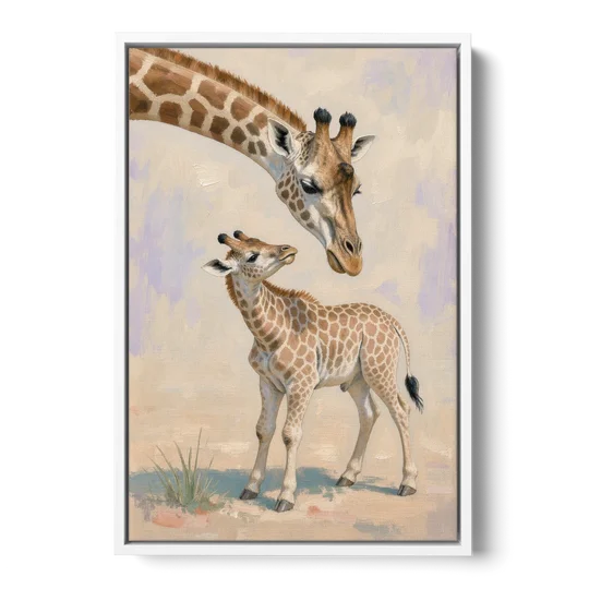 Nursery Animal Giraffe Mother Bending to Her Calf - White Framed Canvas Wall Art - Front