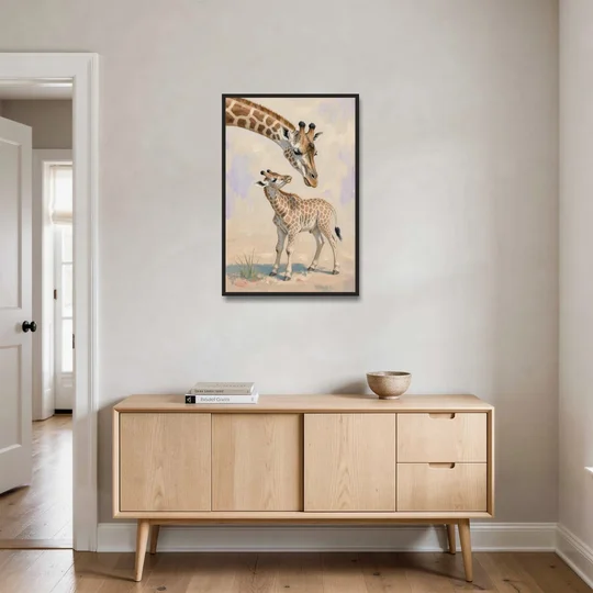 Nursery Animal Giraffe Mother Bending to Her Calf - Black Framed Canvas Wall Art - Coffee Table - 24x36