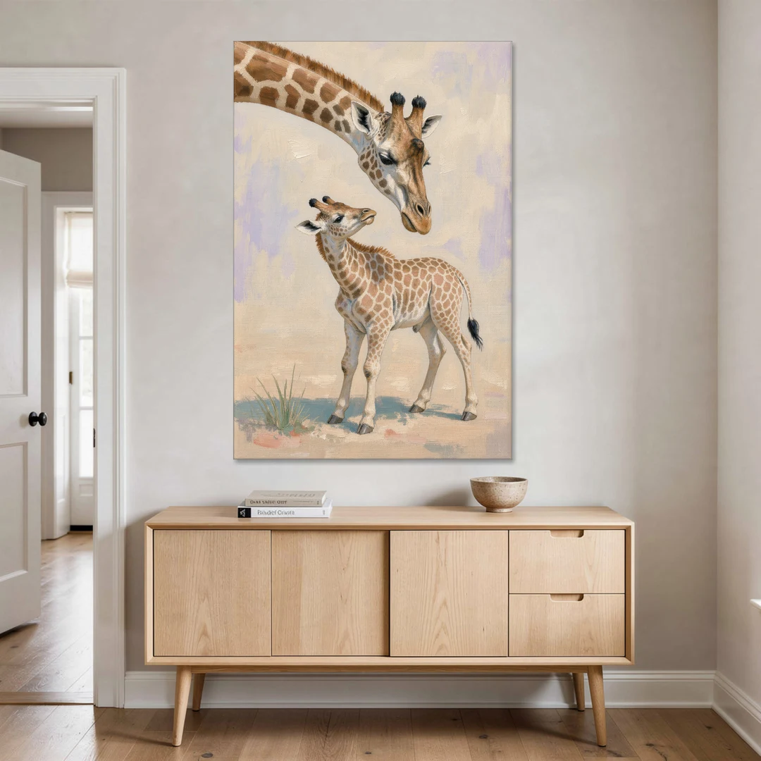 Nursery Animal Giraffe Mother Bending to Her Calf - Canvas Wall Art - Coffee Table - 40x60