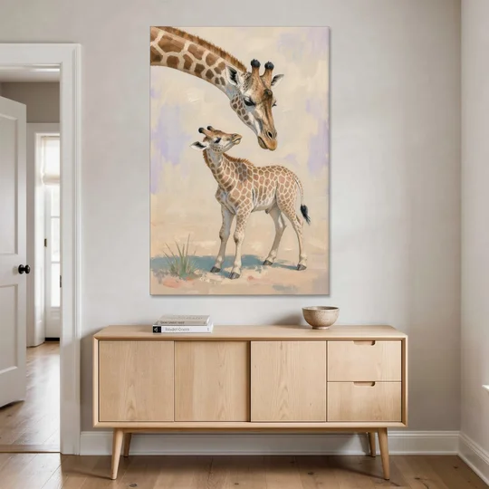 Nursery Animal Giraffe Mother Bending to Her Calf - Canvas Wall Art - Coffee Table - 40x60