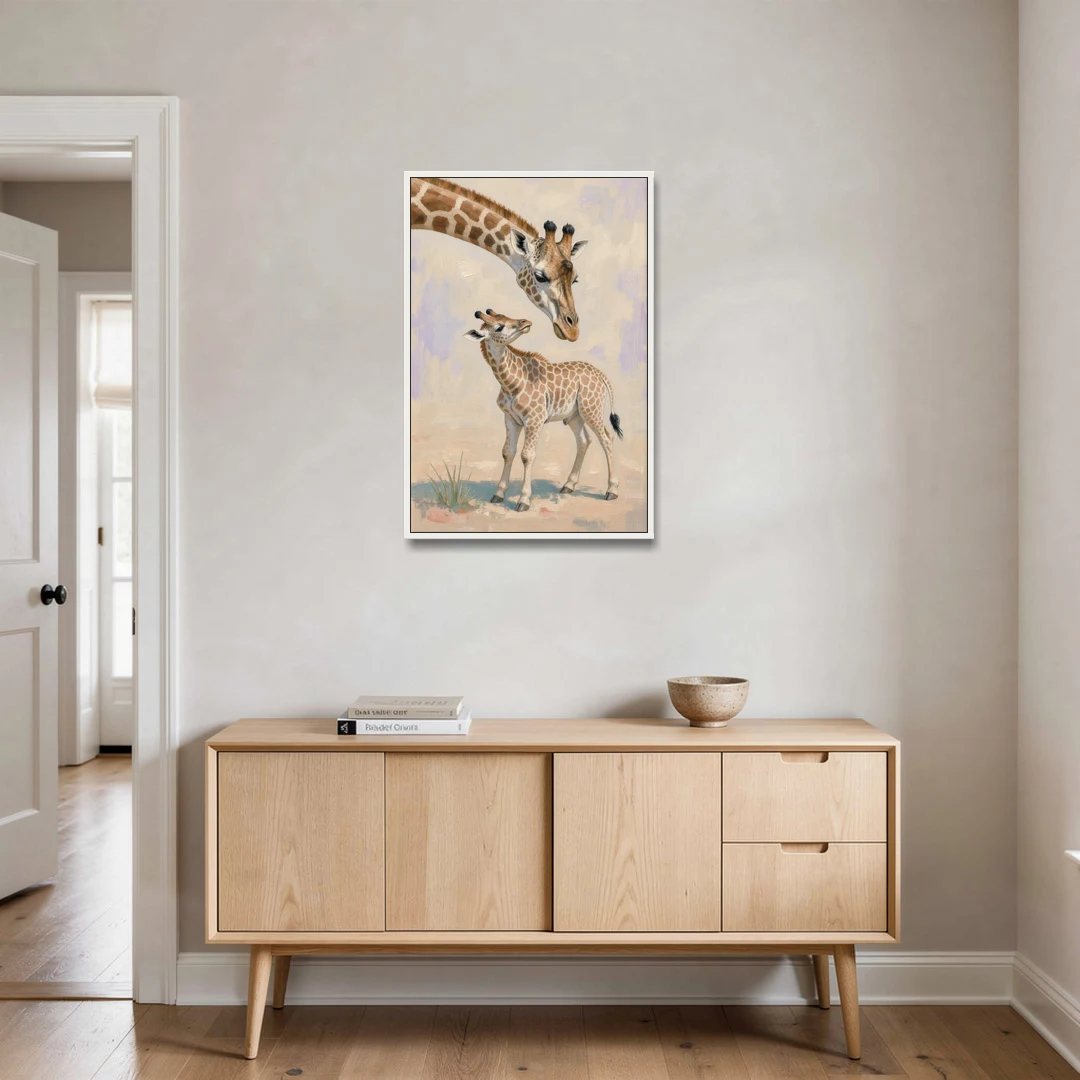 Nursery Animal Giraffe Mother Bending to Her Calf - White Framed Canvas Wall Art - Coffee Table - 24x36