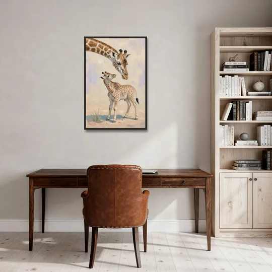 Nursery Animal Giraffe Mother Bending to Her Calf - Black Framed Canvas Wall Art - Office - 24x36