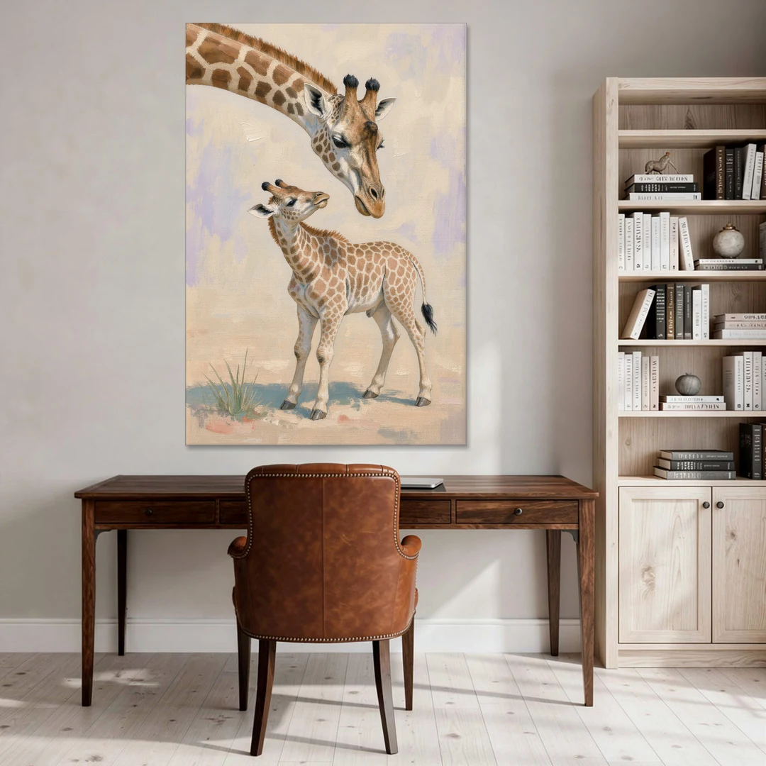 Nursery Animal Giraffe Mother Bending to Her Calf - Canvas Wall Art - Office - 40x60