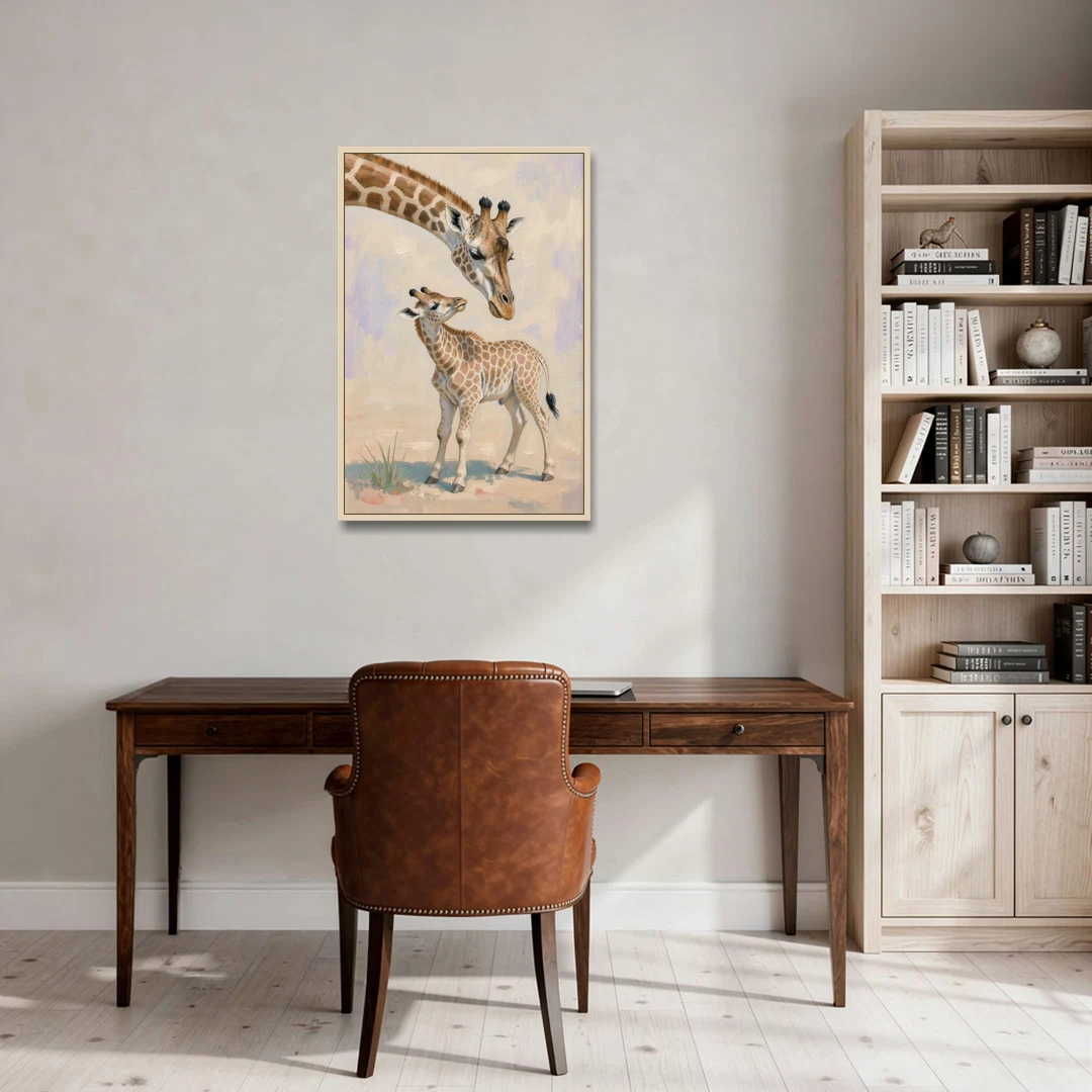 Nursery Animal Giraffe Mother Bending to Her Calf - Oak Framed Canvas Wall Art - Office - 24x36