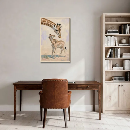 Nursery Animal Giraffe Mother Bending to Her Calf - Oak Framed Canvas Wall Art - Office - 24x36