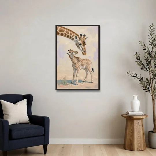 Nursery Animal Giraffe Mother Bending to Her Calf - Black Framed Canvas Wall Art - Sofa - 24x36