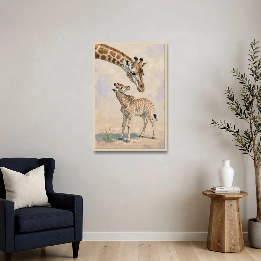 Nursery Animal Giraffe Mother Bending to Her Calf - Oak Framed Canvas Wall Art - Sofa - 24x36