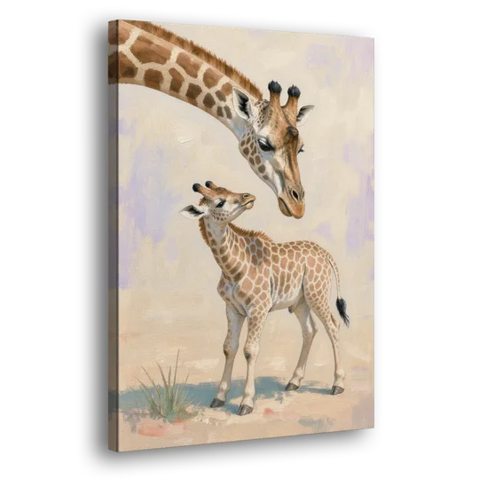 Nursery Animal Giraffe Mother Bending to Her Calf - Canvas Wall Art - Side