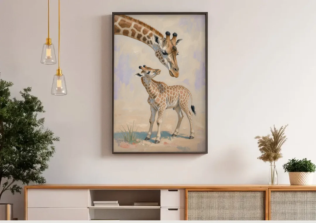 Nursery Animal Giraffe Mother Bending to Her Calf canvas wall art above a wooden sideboard under pendant lights