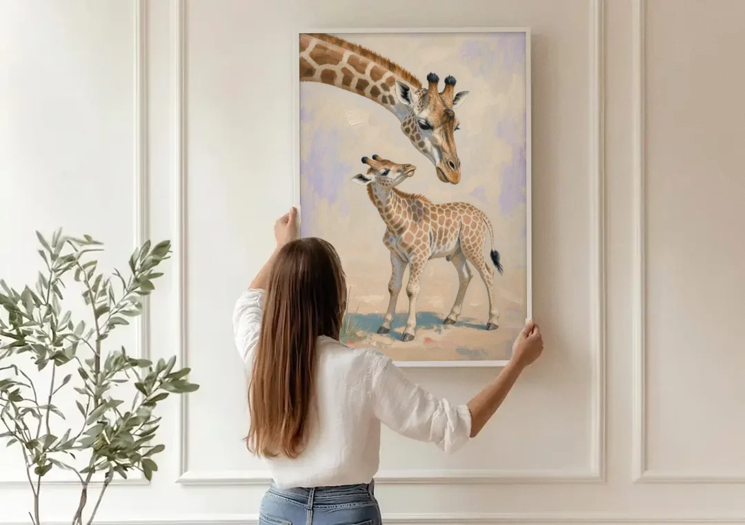 Nursery Animal Giraffe Mother Bending to Her Calf canvas wall art being hung on a paneled wall