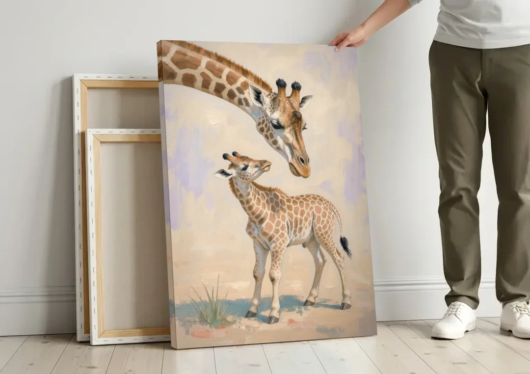 Nursery Animal Giraffe Mother Bending to Her Calf canvas wall art leaning against a wall next to blank canvases