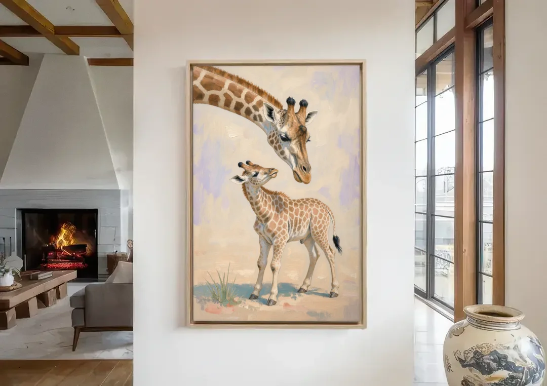 Nursery Animal Giraffe Mother Bending to Her Calf canvas wall art in a living room with a fireplace
