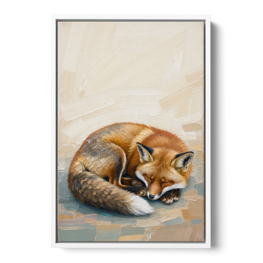 Nursery Wall Art Woodland Sleeping Fox Kit - White Framed Canvas Wall Art - Front