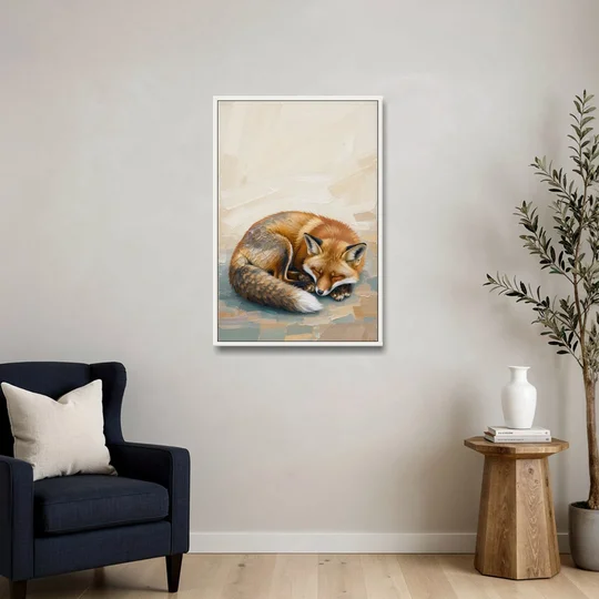 Nursery Wall Art Woodland Sleeping Fox Kit - White Framed Canvas Wall Art - Sofa - 24x36