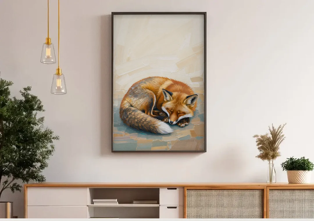 Nursery Wall Art Woodland Sleeping Fox Kit canvas wall art above a wooden sideboard under pendant lights