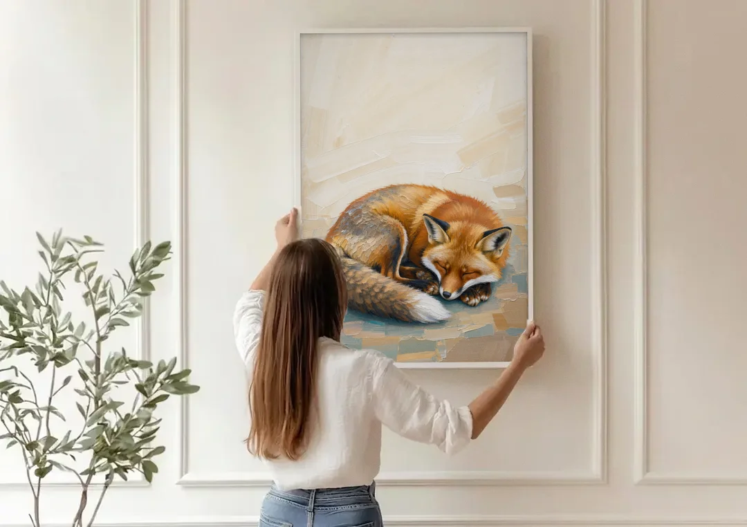 Nursery Wall Art Woodland Sleeping Fox Kit canvas wall art being hung on a paneled wall