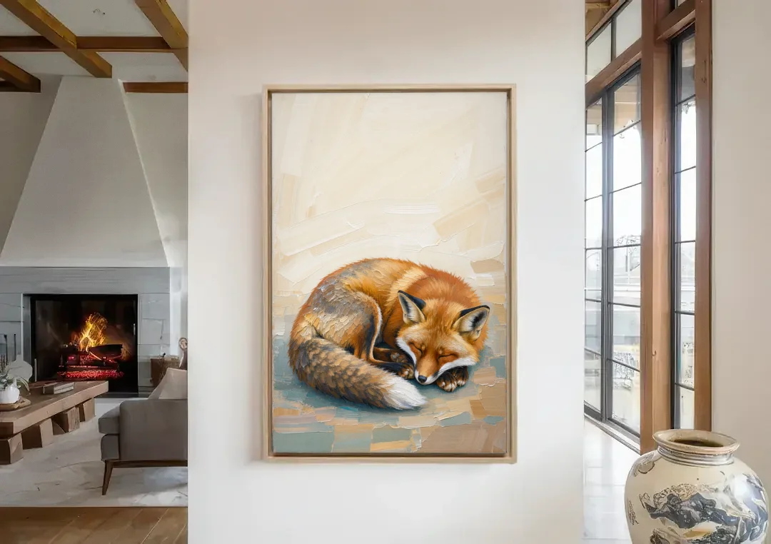 Nursery Wall Art Woodland Sleeping Fox Kit canvas wall art in a living room with a fireplace