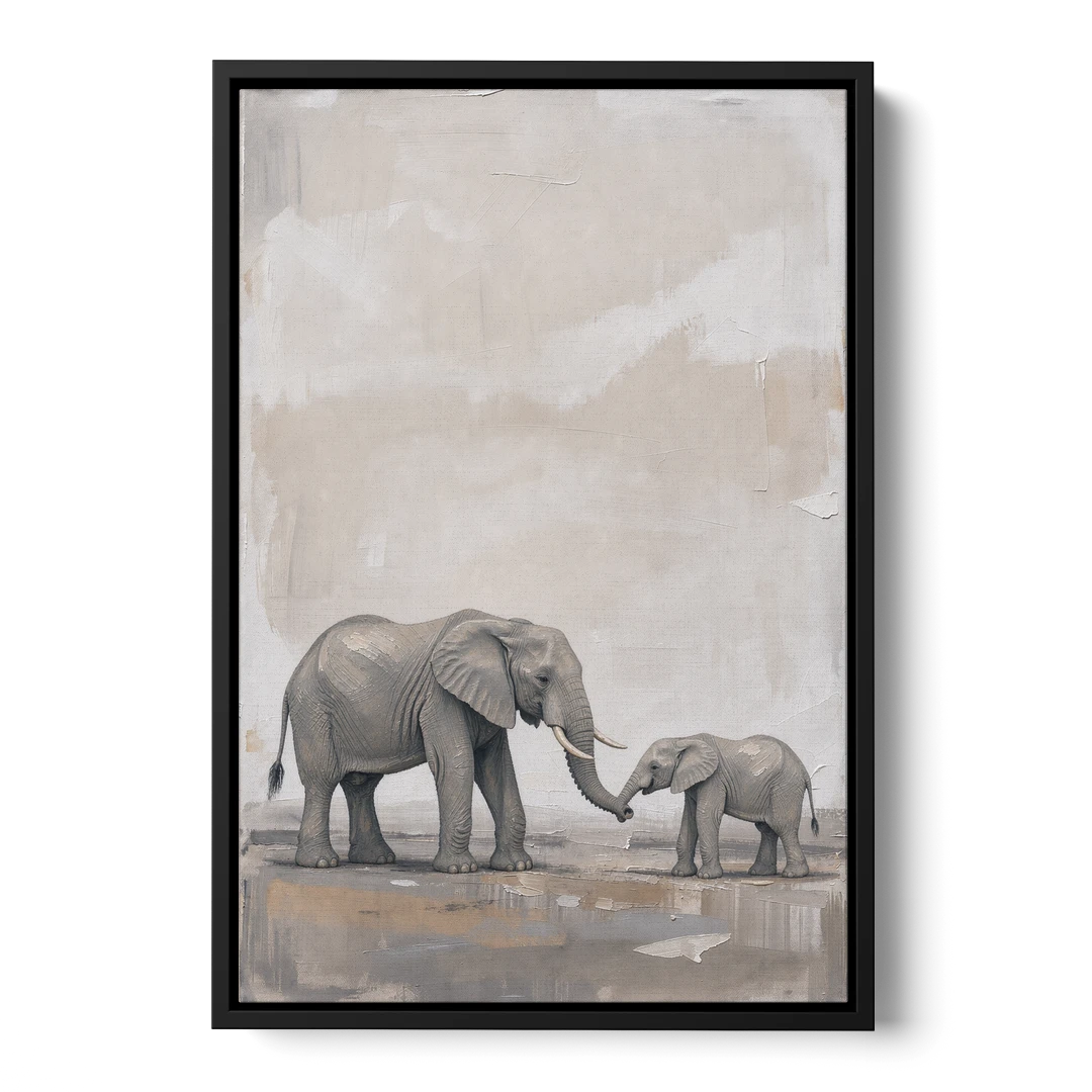 Nursery Wall Decor Above Crib with Elephant Trunks Touching - Black Framed Canvas Wall Art - Front