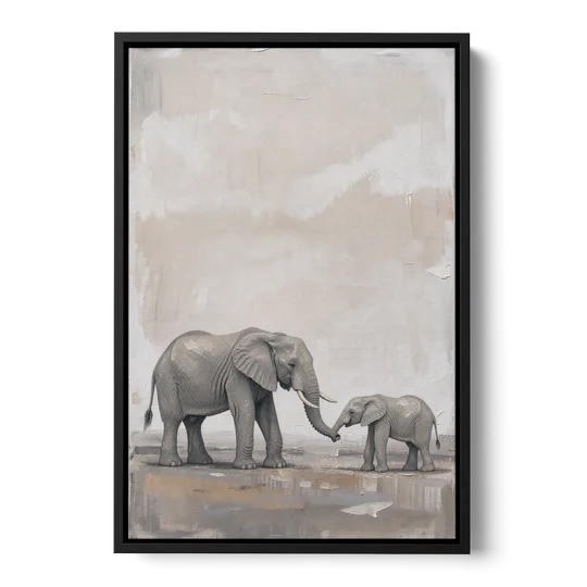 Nursery Wall Decor Above Crib with Elephant Trunks Touching - Black Framed Canvas Wall Art - Front