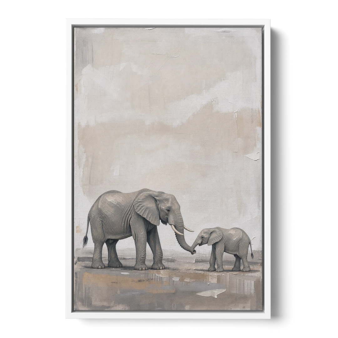Nursery Wall Decor Above Crib with Elephant Trunks Touching - White Framed Canvas Wall Art - Front