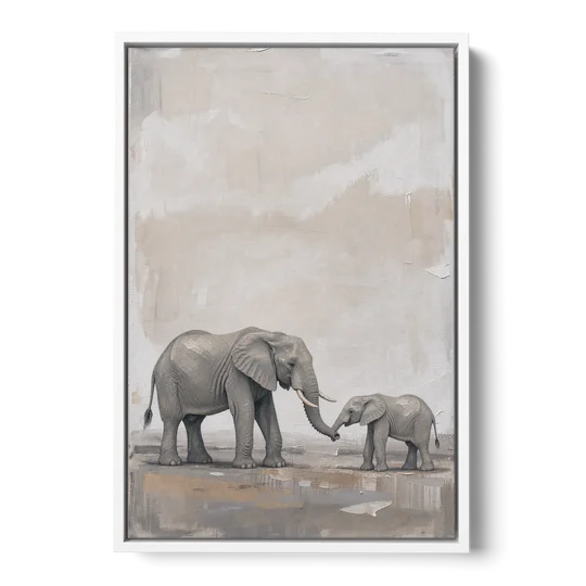 Nursery Wall Decor Above Crib with Elephant Trunks Touching - White Framed Canvas Wall Art - Front
