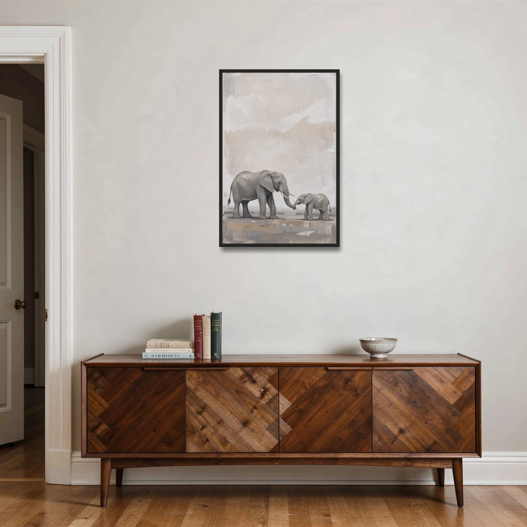 Nursery Wall Decor Above Crib with Elephant Trunks Touching - Black Framed Canvas Wall Art - Coffee Table - 24x36