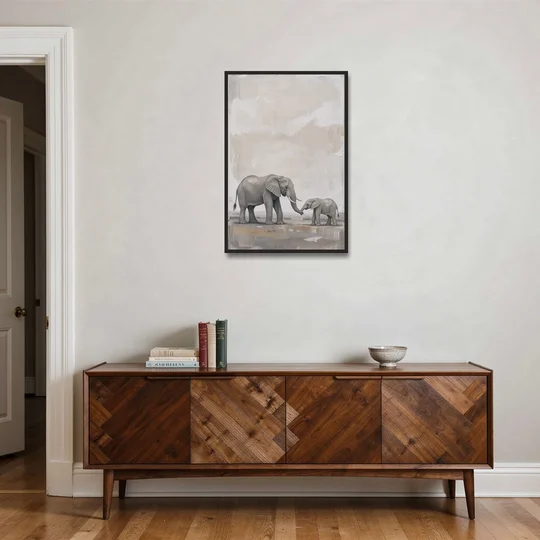Nursery Wall Decor Above Crib with Elephant Trunks Touching - Black Framed Canvas Wall Art - Coffee Table - 24x36
